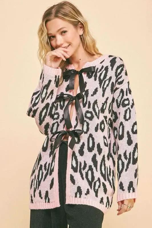 Davi & Dani Leopard Ribbon Tie Front Loose Fit Cardigan - Love Salve